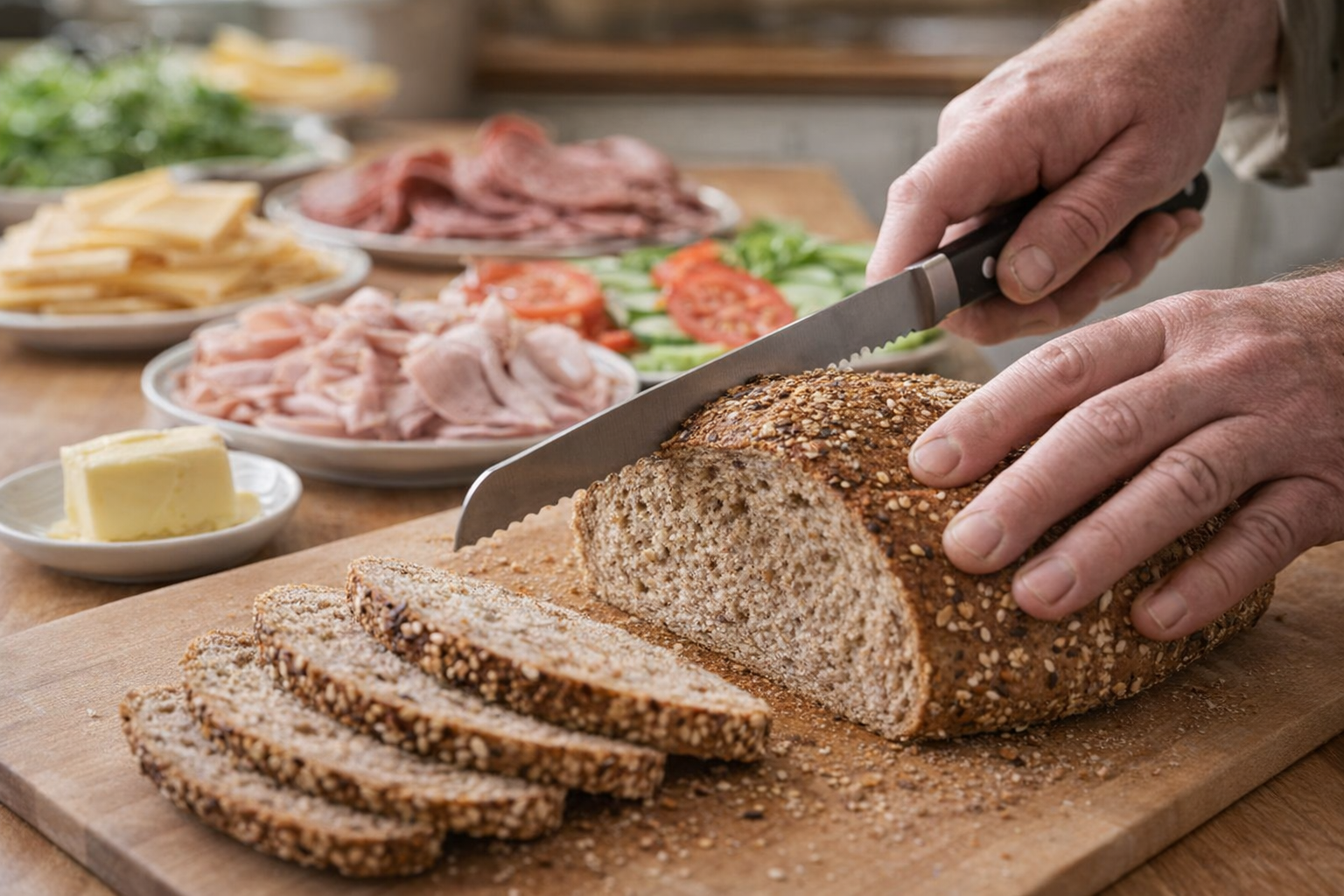 Close-up shot of a hand slicing a loaf of multigrain bread with a serrated knife on a wooden cutting board, with a pat of butter and various sandwich fillings (cheese, deli meats, vegetables) blurred in the background.